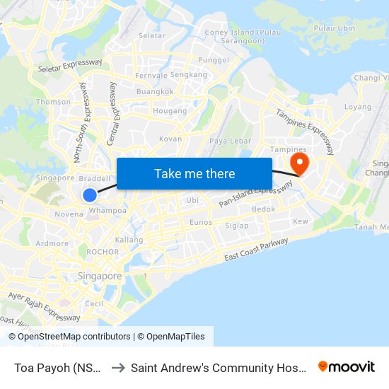 Toa Payoh (NS19) to Saint Andrew's Community Hospital map