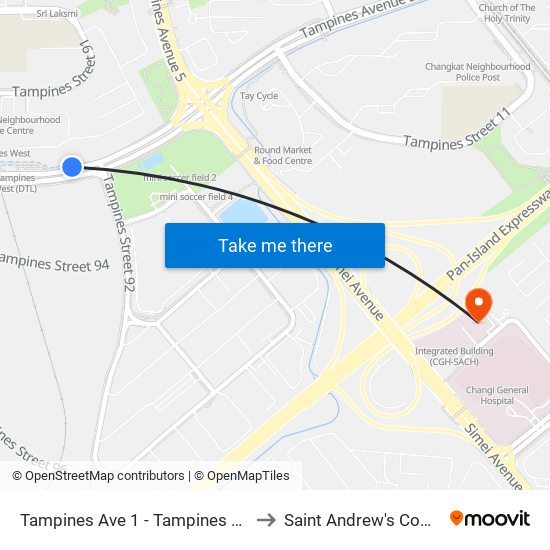 Tampines Ave 1 - Tampines West Stn Exit B (75051) to Saint Andrew's Community Hospital map