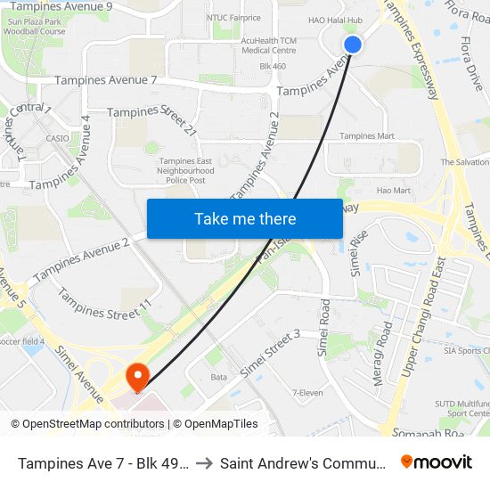 Tampines Ave 7 - Blk 497d (76241) to Saint Andrew's Community Hospital map