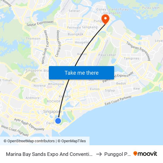 Marina Bay Sands Expo And Convention Centre to Punggol Plaza map