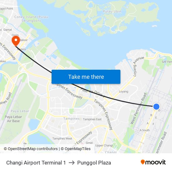 Changi Airport Terminal 1 to Punggol Plaza map