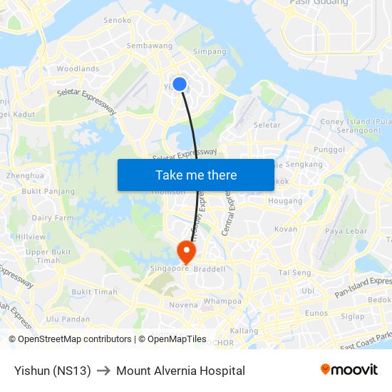 Yishun (NS13) to Mount Alvernia Hospital map