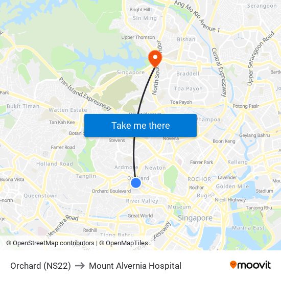 Orchard (NS22) to Mount Alvernia Hospital map