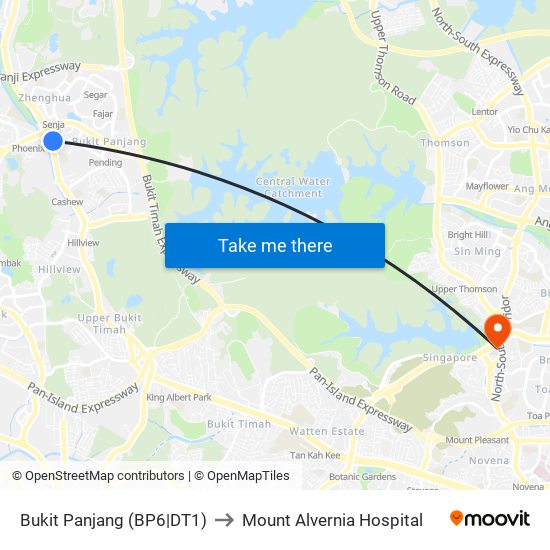 Bukit Panjang (BP6|DT1) to Mount Alvernia Hospital map