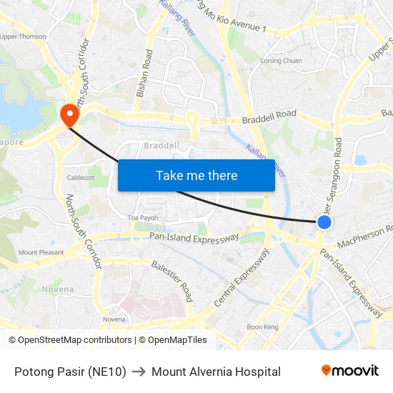 Potong Pasir (NE10) to Mount Alvernia Hospital map