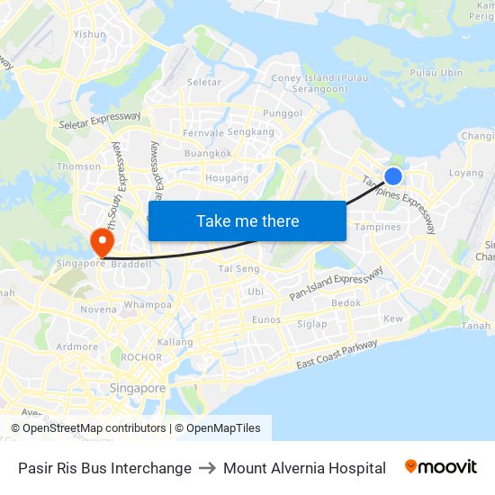 Pasir Ris Bus Interchange to Mount Alvernia Hospital map