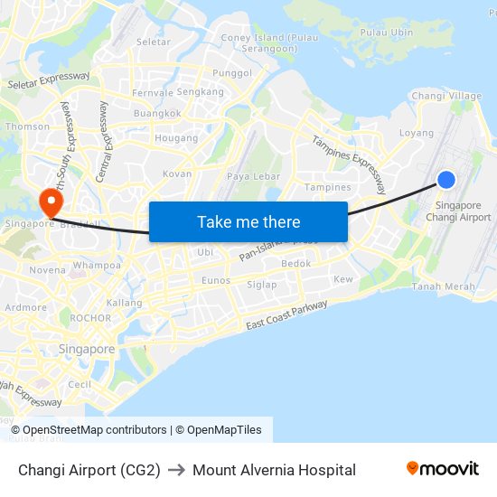 Changi Airport (CG2) to Mount Alvernia Hospital map