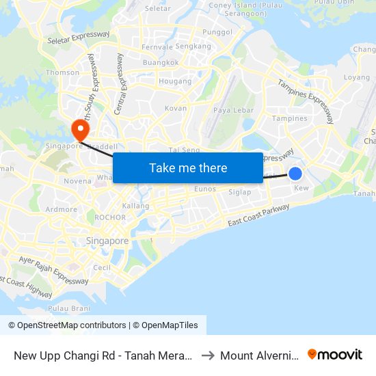 New Upp Changi Rd - Tanah Merah Stn Exit A (85099) to Mount Alvernia Hospital map