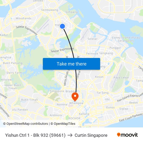 Yishun Ctrl 1 - Blk 932 (59661) to Curtin Singapore map