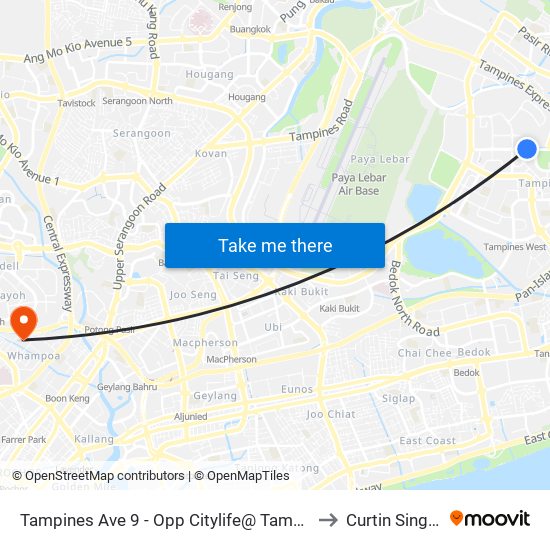 Tampines Ave 9 - Opp Citylife@ Tampines (76549) to Curtin Singapore map