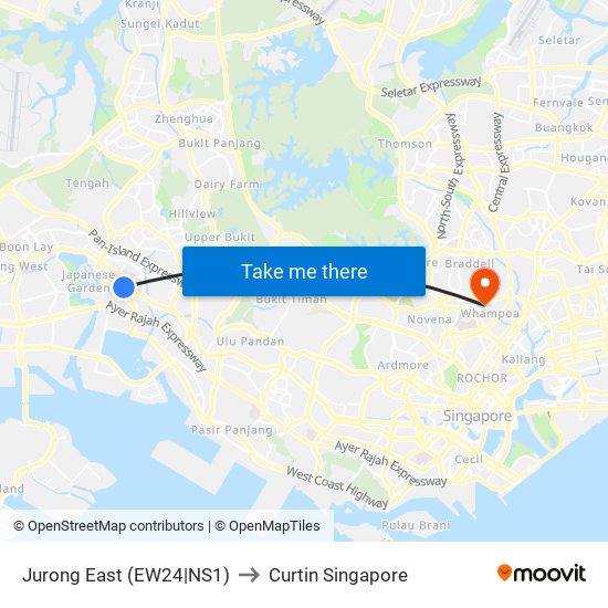 Jurong East (EW24|NS1) to Curtin Singapore map