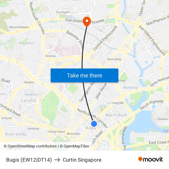 Bugis (EW12|DT14) to Curtin Singapore map