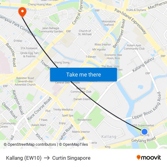 Kallang (EW10) to Curtin Singapore map