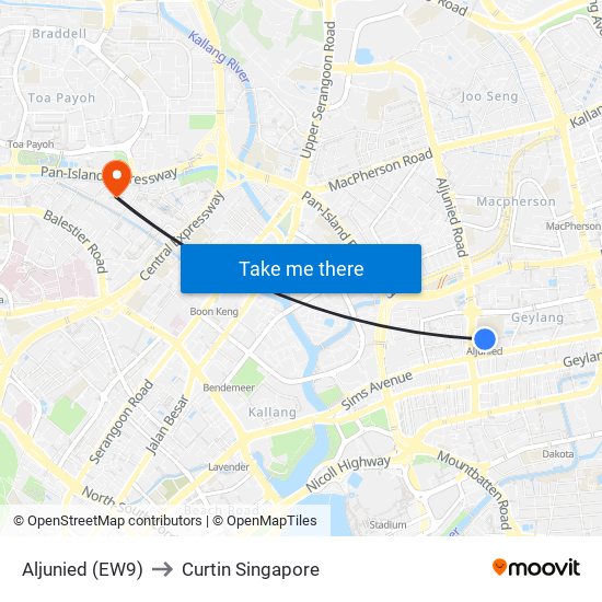 Aljunied (EW9) to Curtin Singapore map