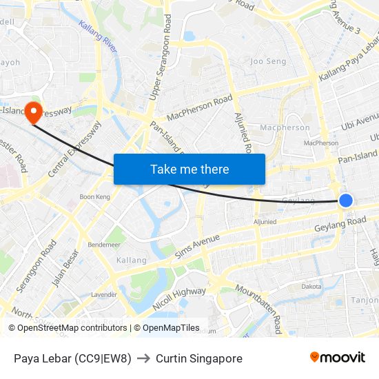 Paya Lebar (CC9|EW8) to Curtin Singapore map