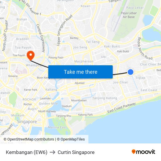 Kembangan (EW6) to Curtin Singapore map