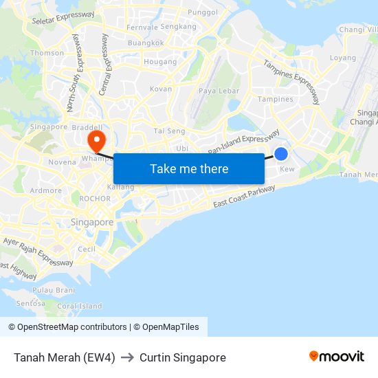 Tanah Merah (EW4) to Curtin Singapore map