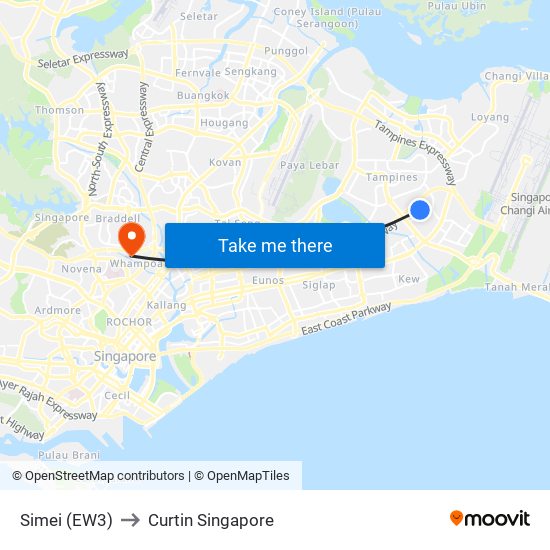 Simei (EW3) to Curtin Singapore map