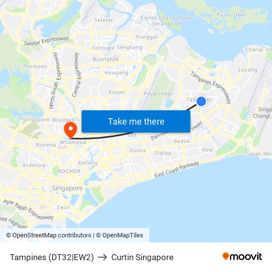 Tampines (DT32|EW2) to Curtin Singapore map