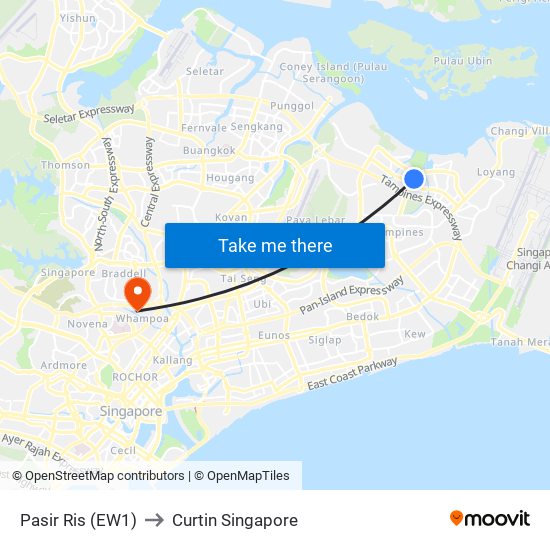 Pasir Ris (EW1) to Curtin Singapore map