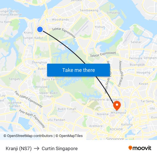 Kranji (NS7) to Curtin Singapore map