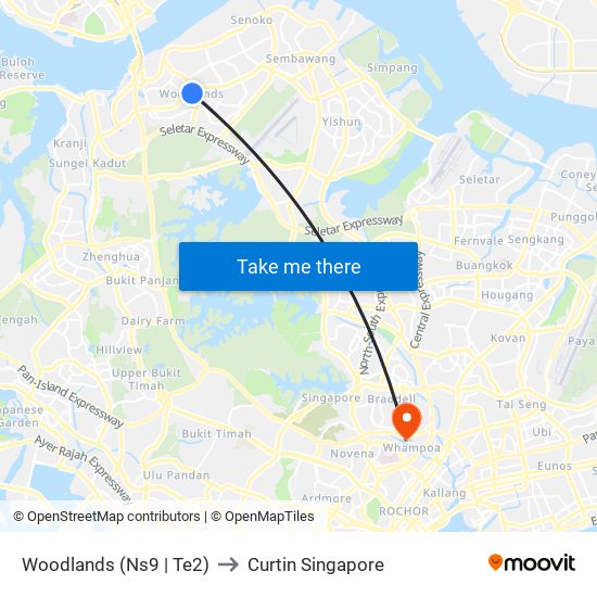 Woodlands (Ns9 | Te2) to Curtin Singapore map