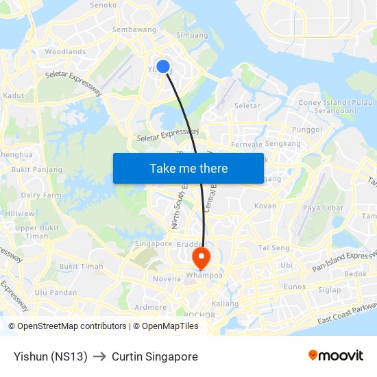 Yishun (NS13) to Curtin Singapore map