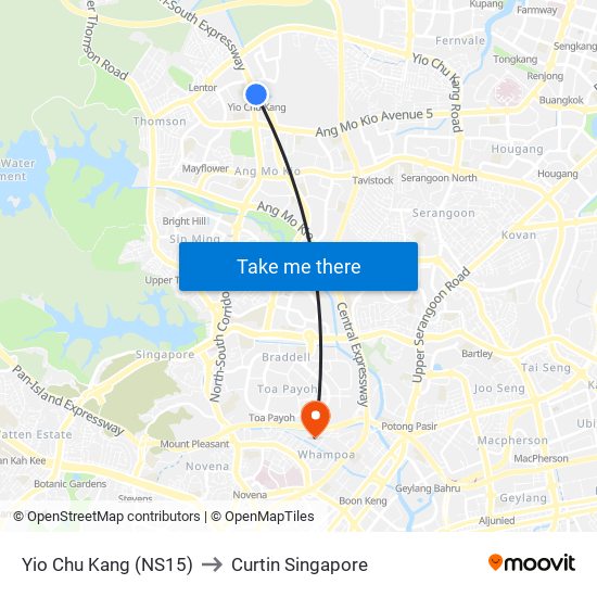 Yio Chu Kang (NS15) to Curtin Singapore map