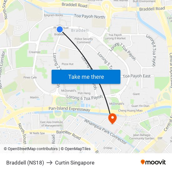 Braddell (NS18) to Curtin Singapore map