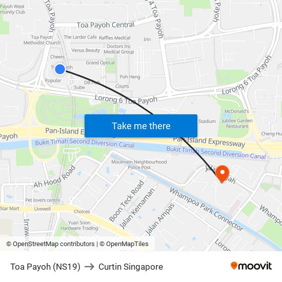 Toa Payoh (NS19) to Curtin Singapore map