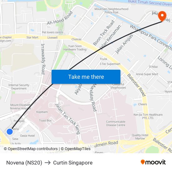Novena (NS20) to Curtin Singapore map