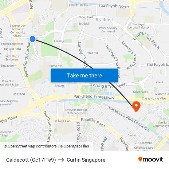 Caldecott (Cc17|Te9) to Curtin Singapore map