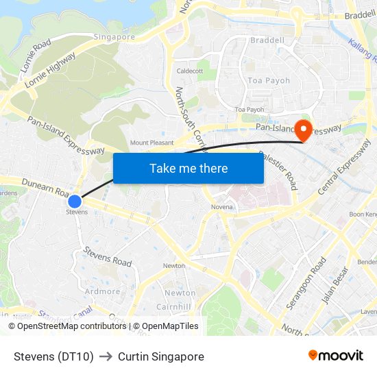 Stevens (DT10) to Curtin Singapore map