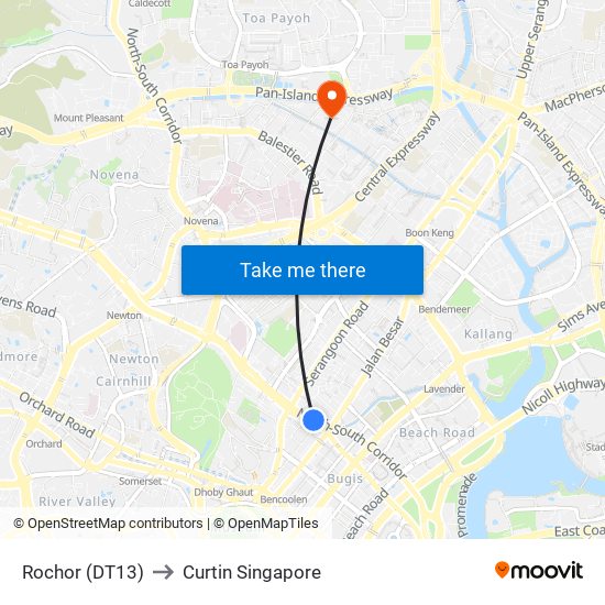 Rochor (DT13) to Curtin Singapore map