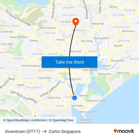 Downtown (DT17) to Curtin Singapore map