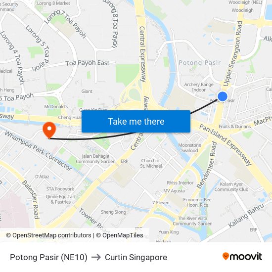 Potong Pasir (NE10) to Curtin Singapore map