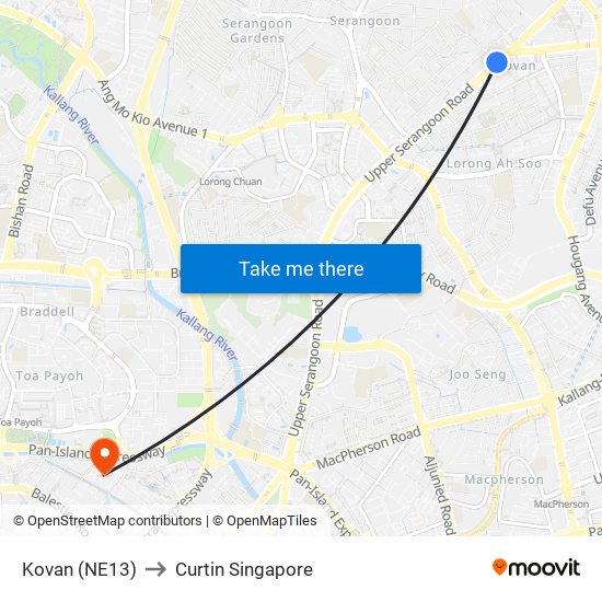 Kovan (NE13) to Curtin Singapore map