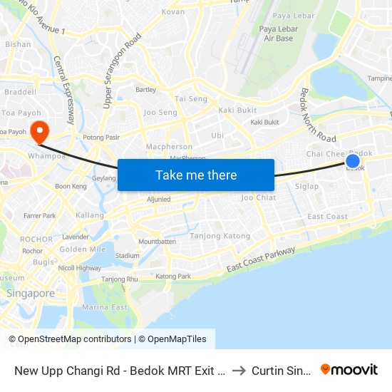 New Upp Changi Rd - Bedok MRT Exit A (Taxi Stand I08) to Curtin Singapore map