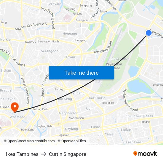 Ikea Tampines to Curtin Singapore map