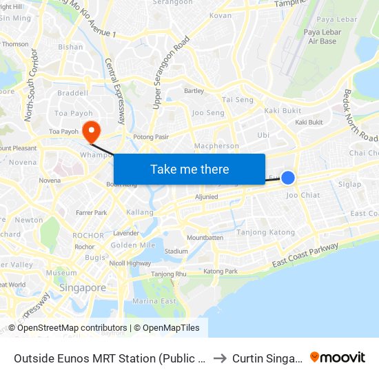 Outside Eunos MRT Station (Public Car Park) to Curtin Singapore map