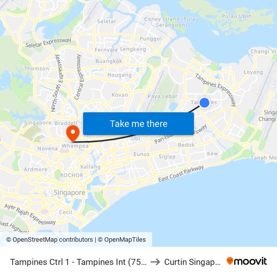 Tampines Ctrl 1 - Tampines Int (75009) to Curtin Singapore map