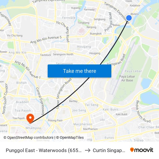 Punggol East - Waterwoods (65521) to Curtin Singapore map