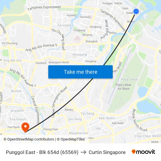 Punggol East - Blk 654d (65569) to Curtin Singapore map