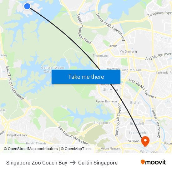 Singapore Zoo Coach Bay to Curtin Singapore map