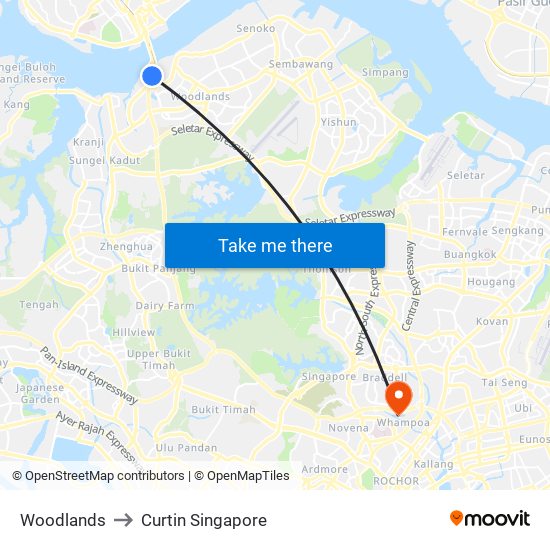 Woodlands to Curtin Singapore map