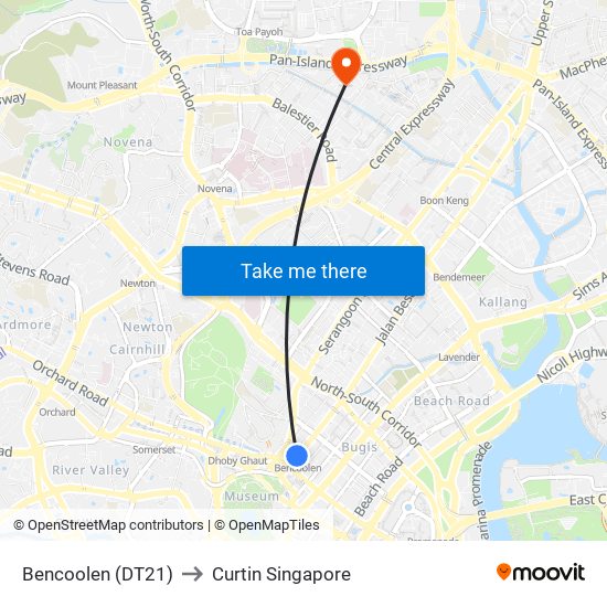 Bencoolen (DT21) to Curtin Singapore map