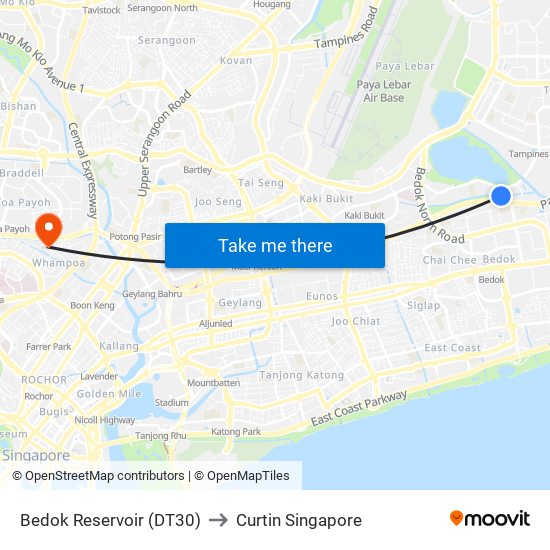 Bedok Reservoir (DT30) to Curtin Singapore map