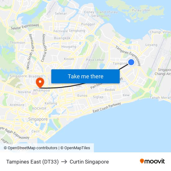 Tampines East (DT33) to Curtin Singapore map