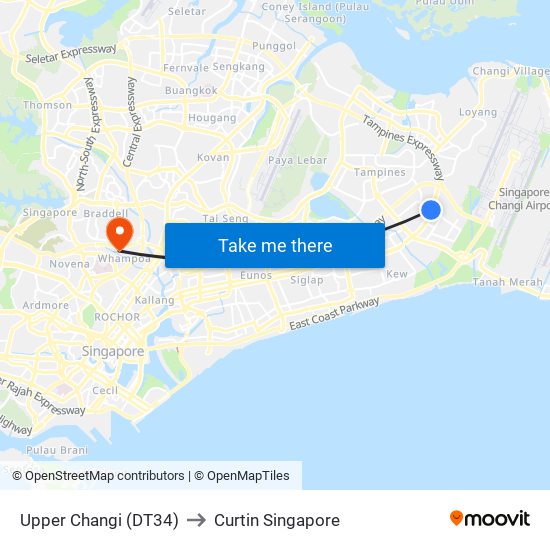 Upper Changi (DT34) to Curtin Singapore map