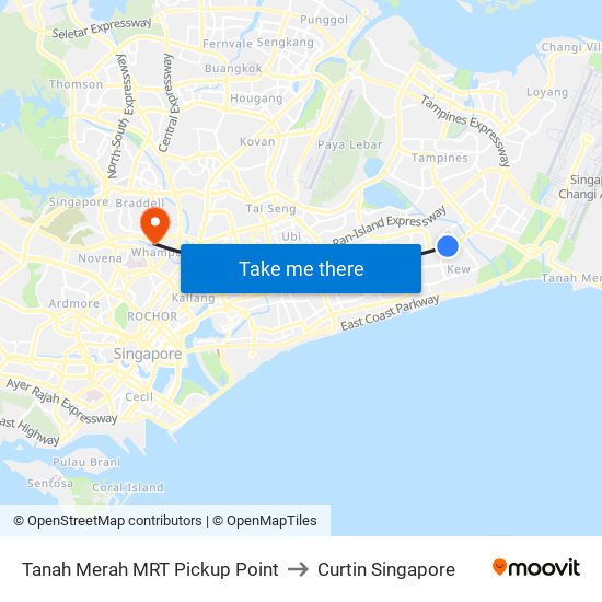 Tanah Merah MRT Pickup Point to Curtin Singapore map